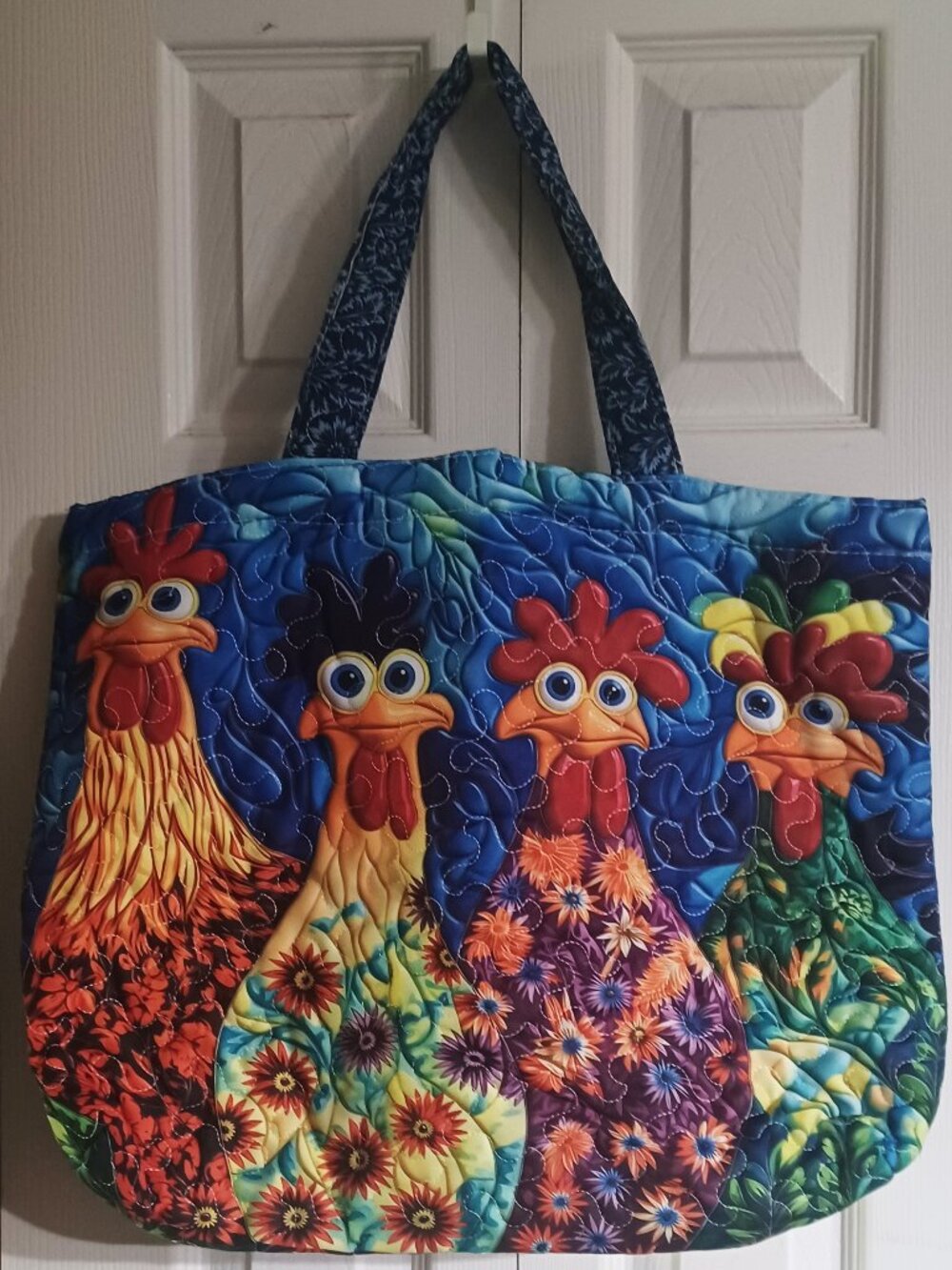 Quilted Blue Patchwork Playful Rooster Tote Bag